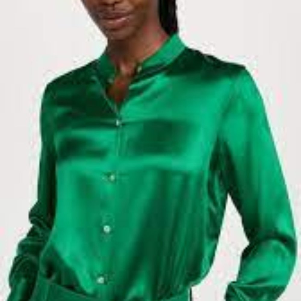 Vince Slim Fit Banded Collar Blouse Emerald Green